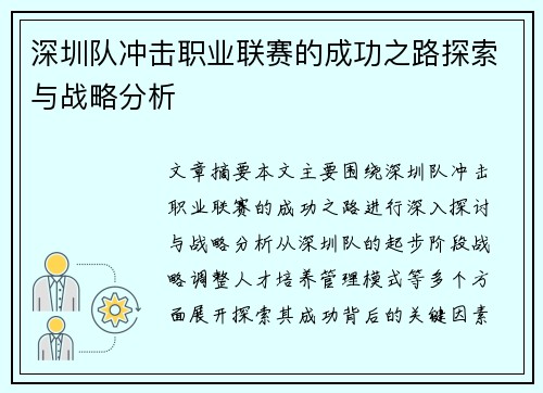 深圳队冲击职业联赛的成功之路探索与战略分析